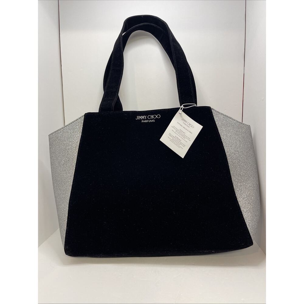 Jimmy Choo Tote Bag Black Velvet Silver Glitter Carry Overnight Velvet 15x5x12”